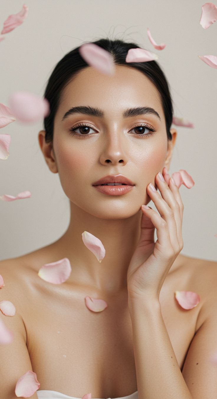 ภาพผู้หญิงใบหน้าดูเป็นธรรมชาติพร้อมกลีบดอกไม้สีชมพูรอบใบหน้า ใช้ประกอบบทความโปรแกรมฟิลเลอร์