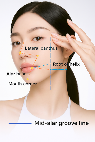 แผนภาพกายวิภาคใบหน้าด้านข้างแสดงจุดสำคัญในการฉีดฟิลเลอร์