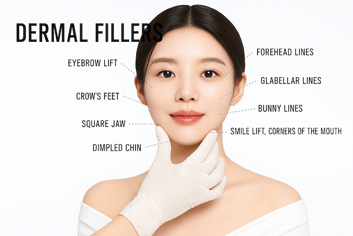 แผนภาพแสดงจุดต่างๆ บนใบหน้าที่อาจใช้ฟิลเลอร์